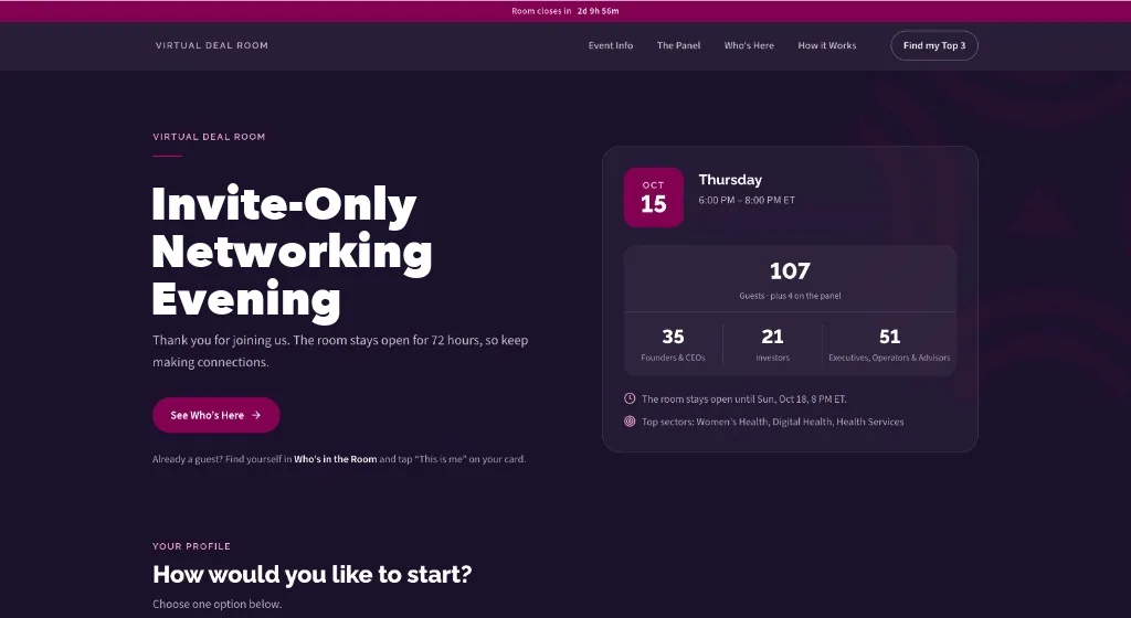 Virtual Deal Room landing page with event details and live guest counts
