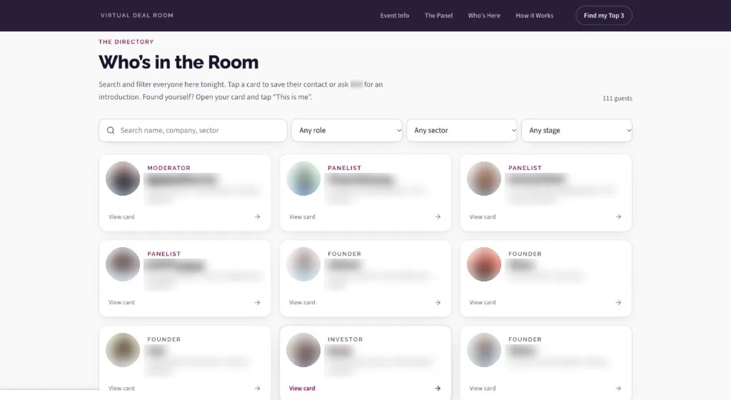 Searchable guest directory filtered by role, sector, and stage