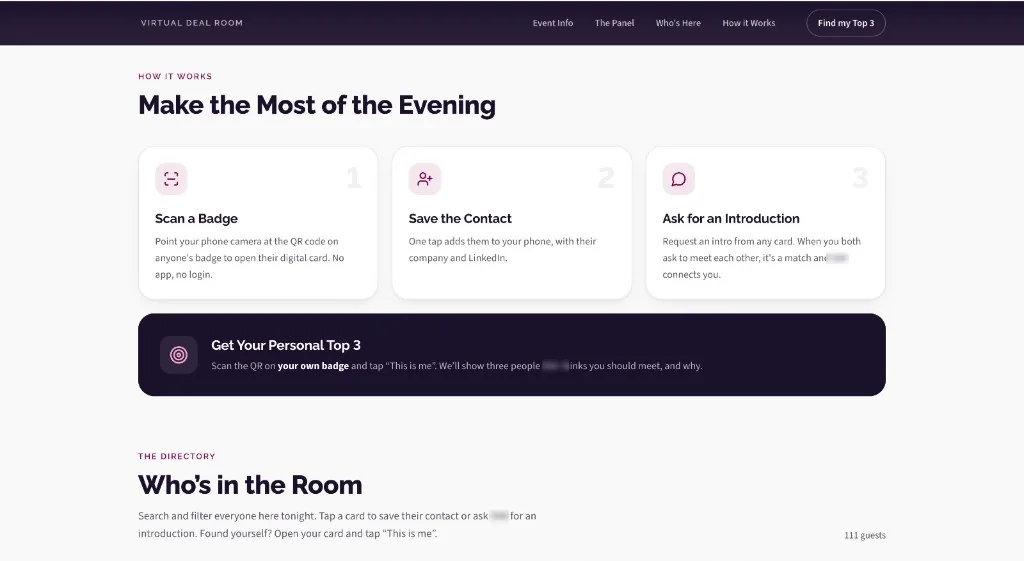 QR badge scanning, contact saving, and introduction request flow