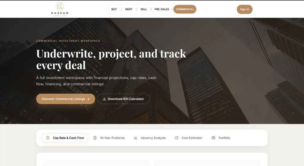 Commercial investment workspace with ROI tools
